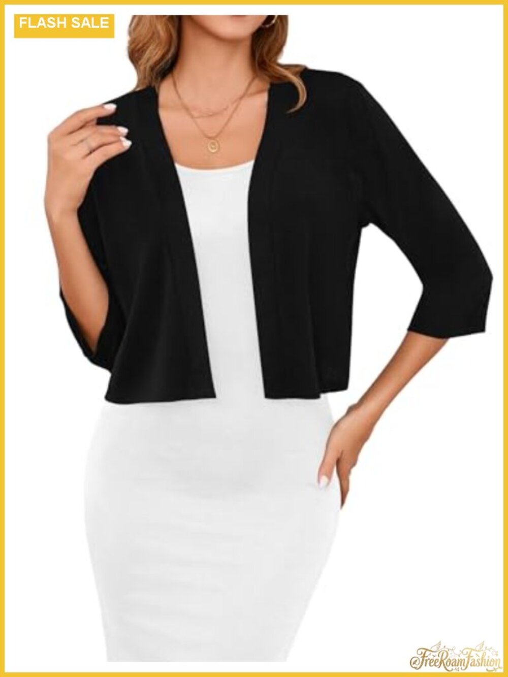 Women's 3/4 Sleeve Shrug Lightweight Open Front Cropped Cardigan